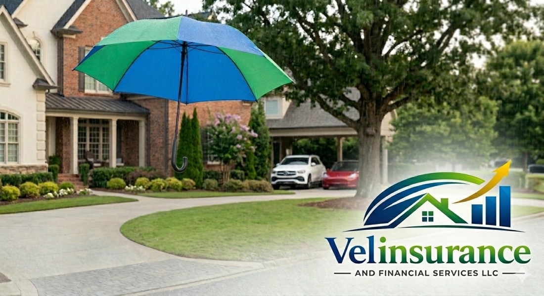 A blue and green umbrella over a home and driveway